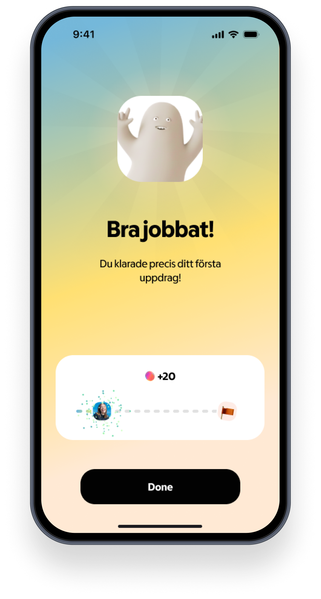 Palla-appen på iPhone: Bra jobbat! efter ett genomfört uppdrag